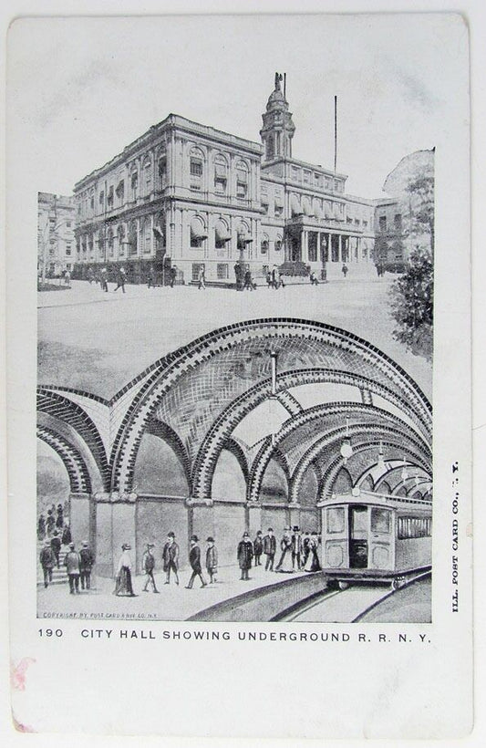 VINTAGE POSTCARD CITY HALL SHOWING UNDERGROUND R.R.N.Y. railway railroad train