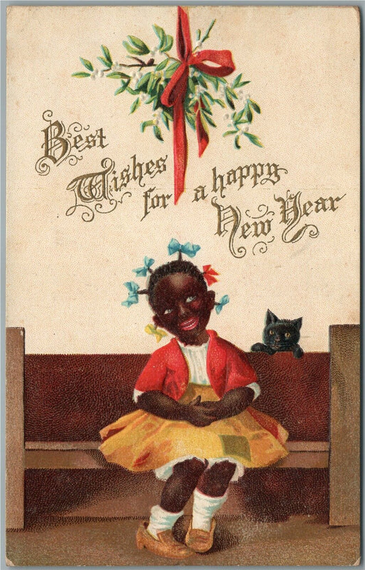 GIRL w/ CAT HAPPY NEW YEAR ANTIQUE POSTCARD