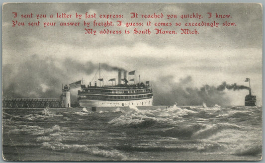 SOUTH HAVEN MI LIGHT HOUSE & STEAMER ANTIQUE POSTCARD