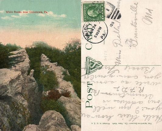 UNIONTOWN PA WHITE ROCKS 1915 ANTIQUE POSTCARD w/ CORK CANCEL