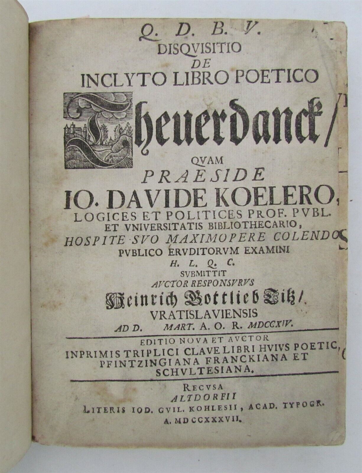 1737 Disquisitio de Inclyto Libro Poetico I.KOELERO antique