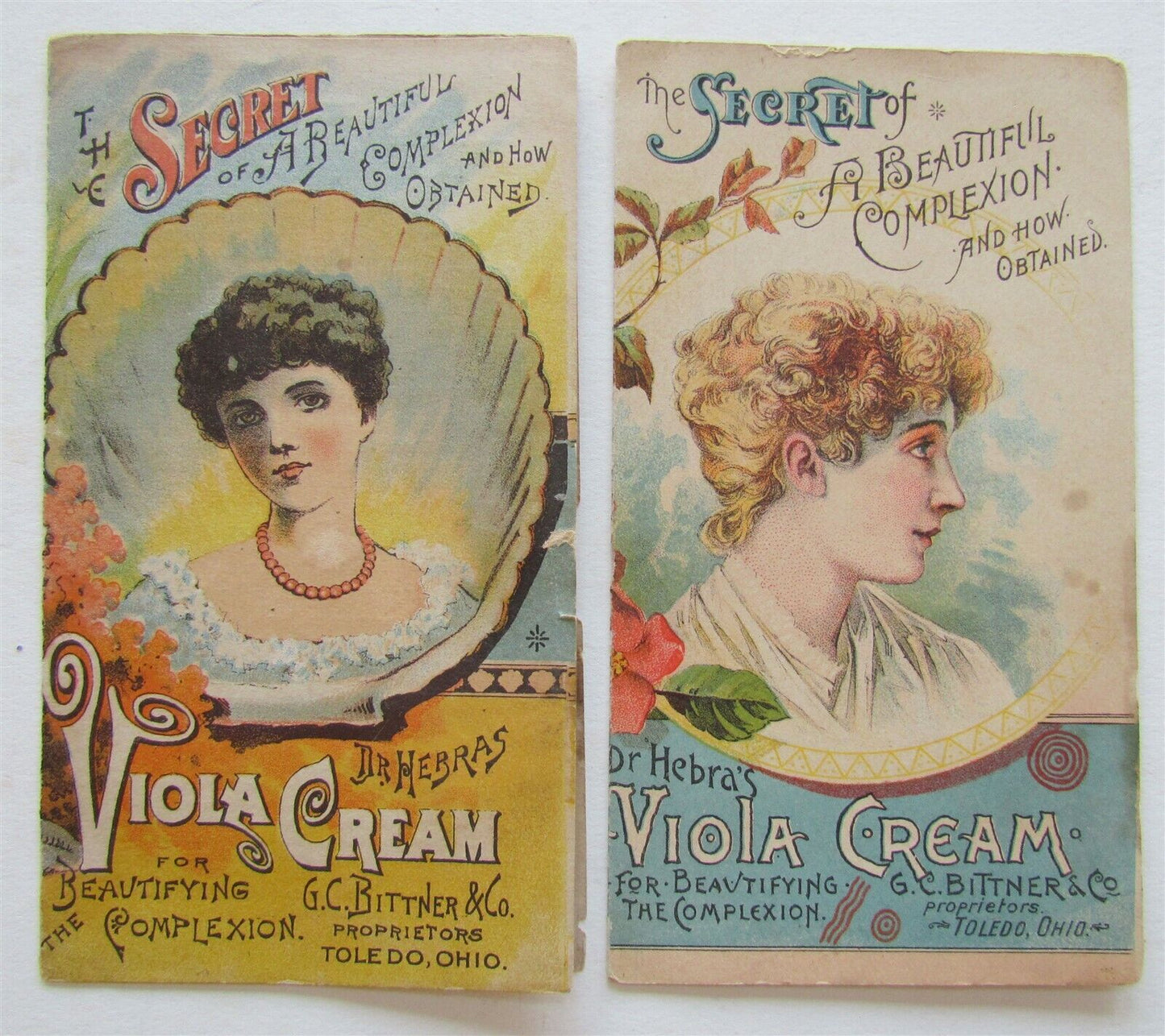 TOLEDO OH SET of 2 ANTIQUE VICTORIAN TRADE CARDS VIOLA CREAM ADVERTISING