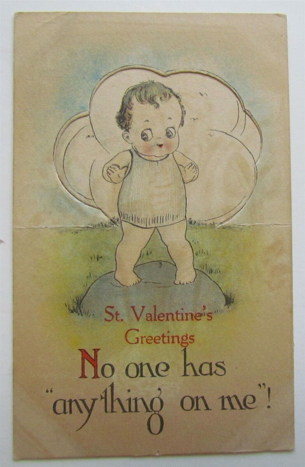 VALENTINE DAY MECHANICAL ANTIQUE POSTCARD - BABY w/ CUT OUT BACKGROUND