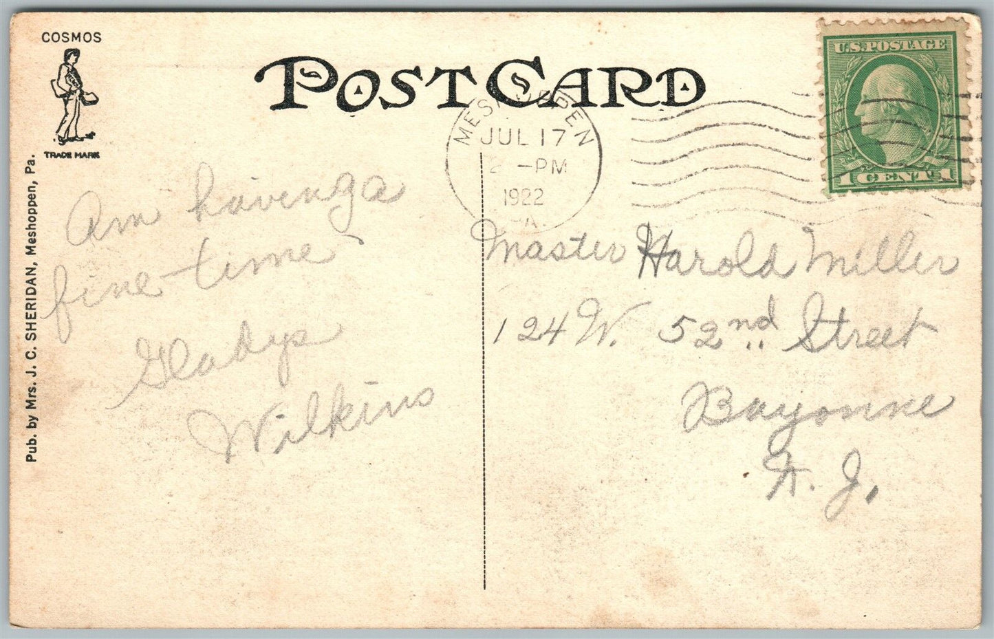 MESHOPPEN PA UPPER FALLS ON THE CREEK 1922 ANTIQUE POSTCARD