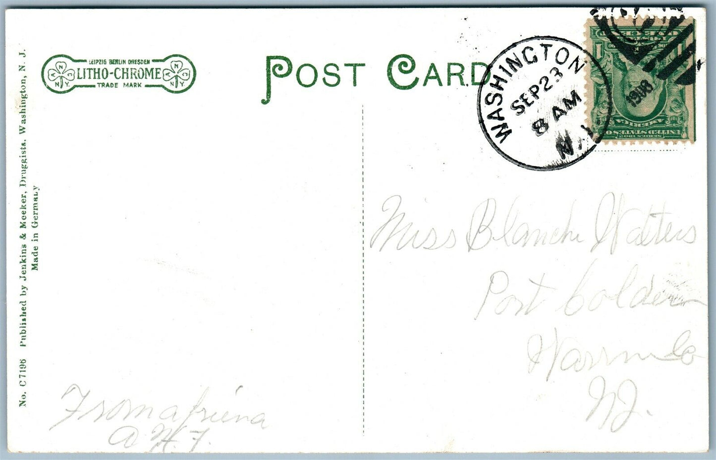 WASHINGTON NJ BELVIDERE AVE. 1908 ANTIQUE POSTCARD