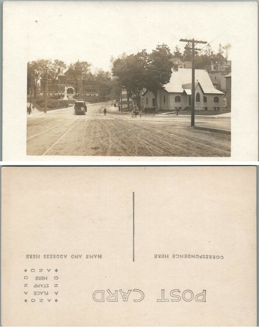 ANTIQUE RPPC REAL PHOTO POSTCARD STREET SCENE w/ TROLLEY