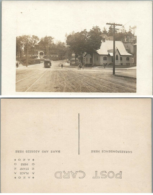 ANTIQUE RPPC REAL PHOTO POSTCARD STREET SCENE w/ TROLLEY