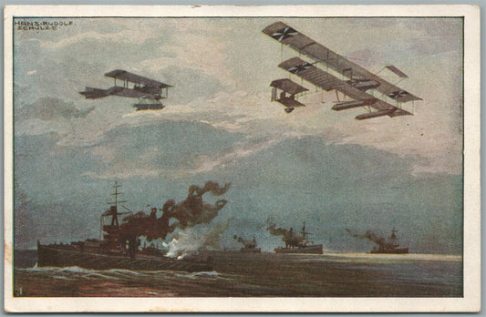 WWI NAVAL BATTLE SCENE w/ BIPLANES ANTIQUE GERMAN POSTCARD