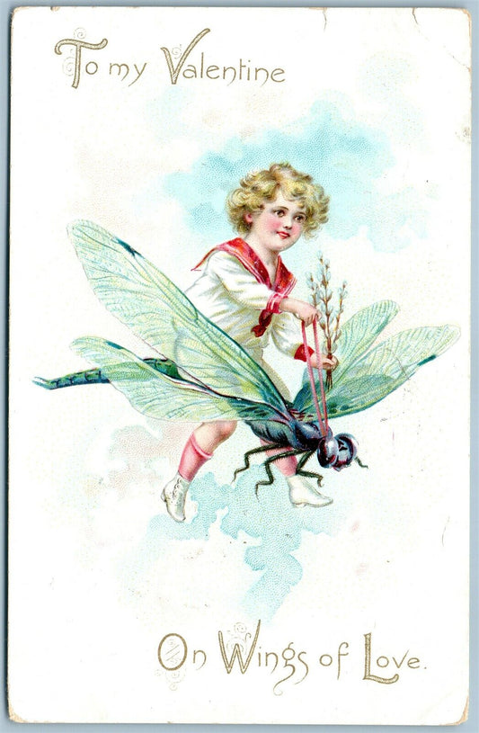 BOY RIDING FLY ANTIQUE VALENTINE POSTCARD