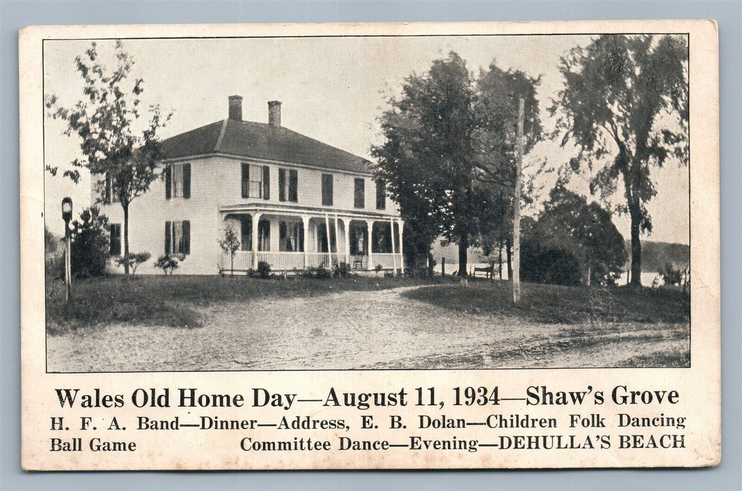 DEHULLA'S BEACH WALES OLD HOME DAY BALL GAME 1934 VINTAGE ADVERTISING POSTCARD