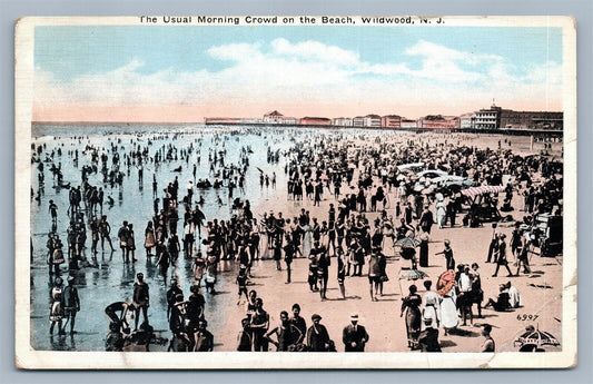 WILDWOOD NJ MORNING CROWD ON THE BEACH ANTIQUE POSTCARD