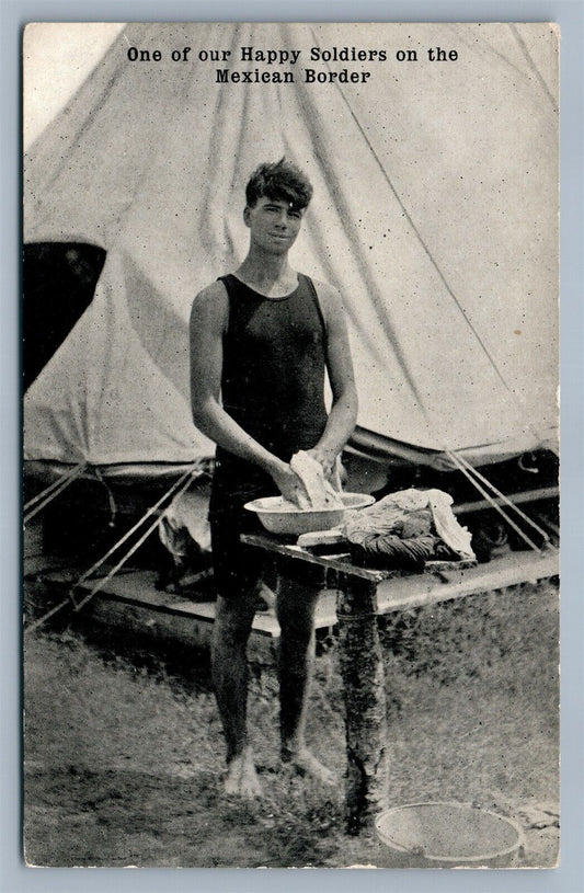 HAPPY SOLDIER on MEXICAN BORDER ANTIQUE POSTCARD