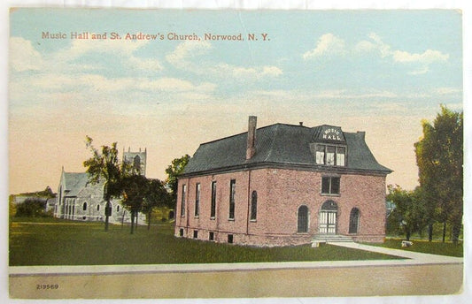 1926 MUSIC HALL & ST,ANDREW'S CHURCH NORWOOD N.Y. ANTIQUE POSTCARD