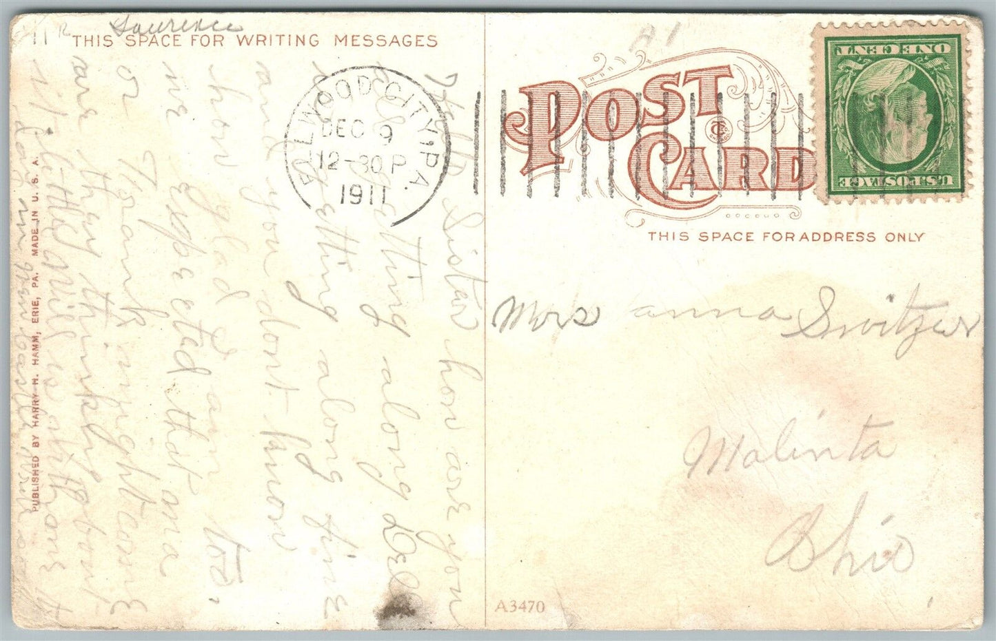 NEW CASTLE PA SHENANGO VALLEY HOSPITAL 1911 ANTIQUE POSTCARD