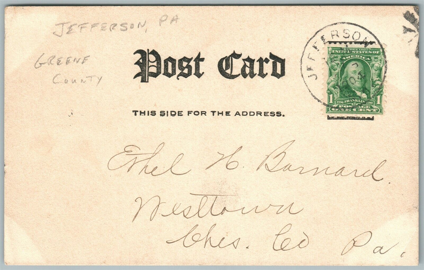 JEFFERSON PA ANTIQUE 1904 REAL PHOTO POSTCARD RPPC