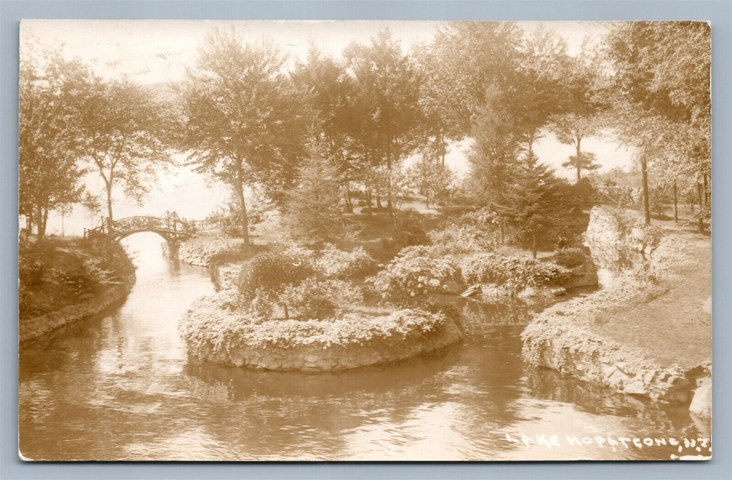 LAKE HOPARCONG NJ SCENE w/ BRIDGE ANTIQUE REAL PHOTO POSTCARD RPPC