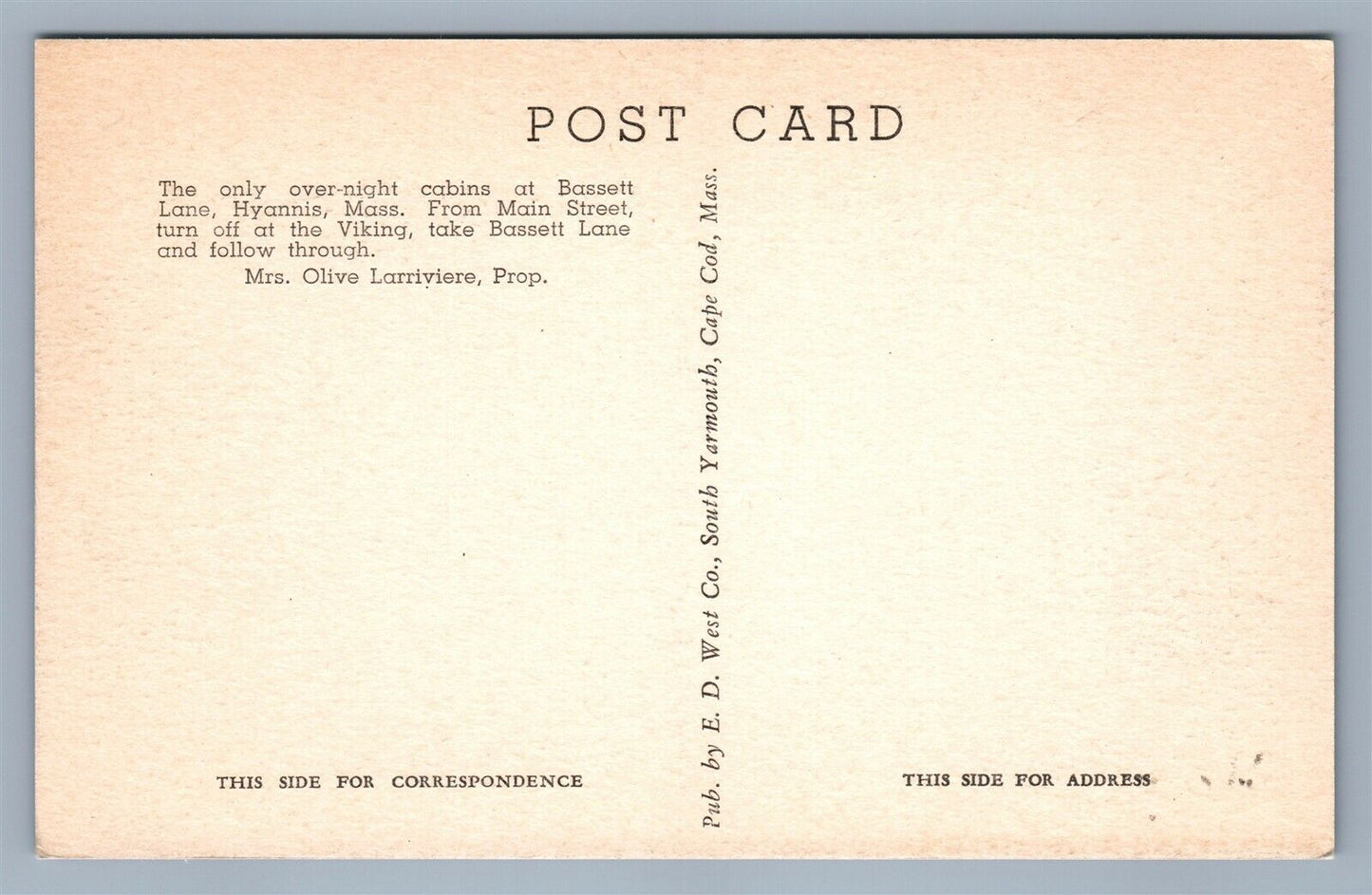 CAPE COD MA BASSETT LANE CABINS HYANNIS VINTAGE POSTCARD