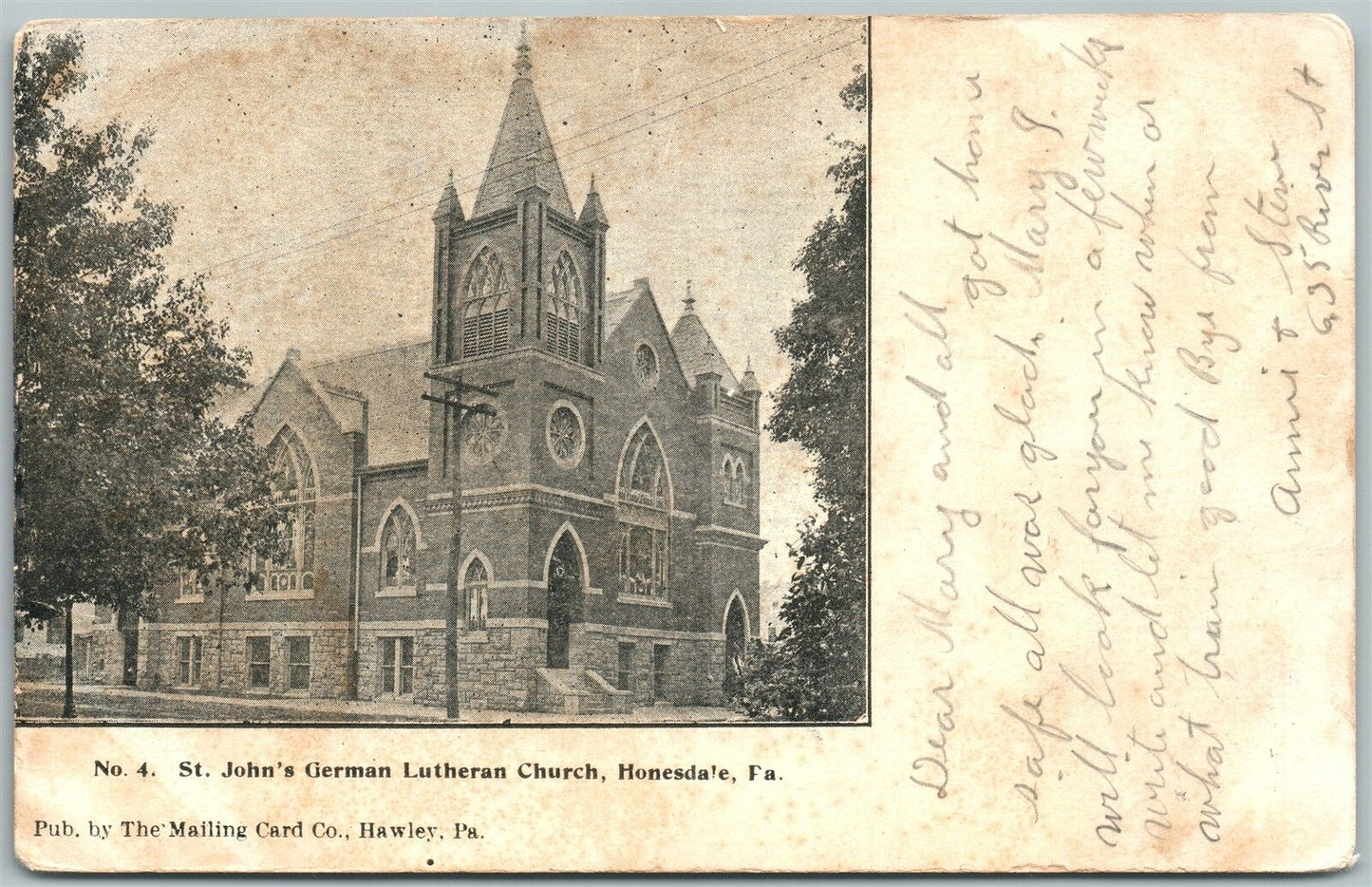 HONESDALE PA ST.JOHN'S GERMAN LUTHERAN CHURCH UNDIVIDED 1905 ANTIQUE POSTCARD