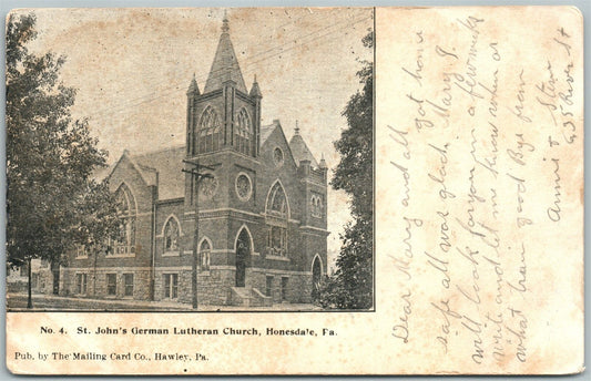 HONESDALE PA ST.JOHN'S GERMAN LUTHERAN CHURCH UNDIVIDED 1905 ANTIQUE POSTCARD