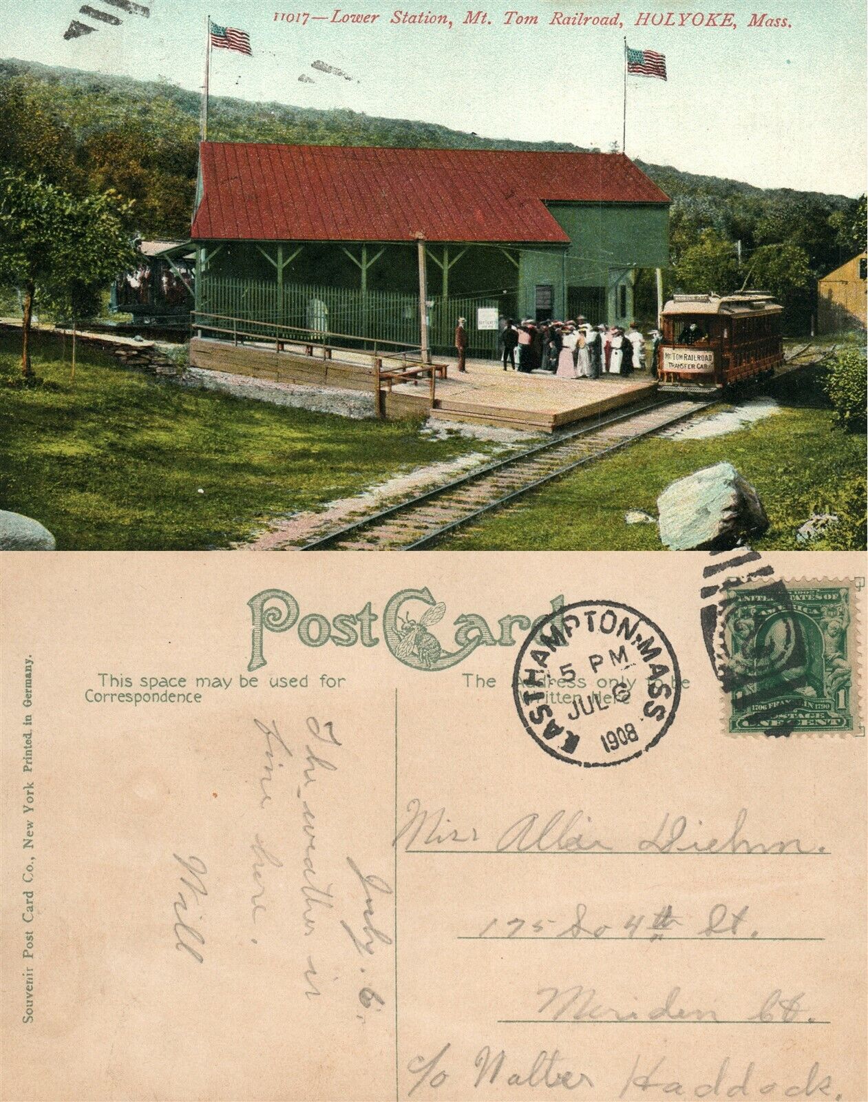 HOLYOKE MT.TOM RAILWAY STATION 1908 ANTIQUE POSTCARD RAILROAD DEPOT CORK CANCEL