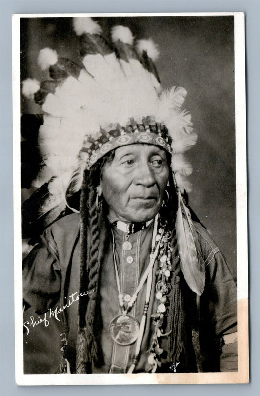 AMERICAN INDIAN CHIEF MANITOU ANTIQUE REAL PHOTO POSTCARD RPPC