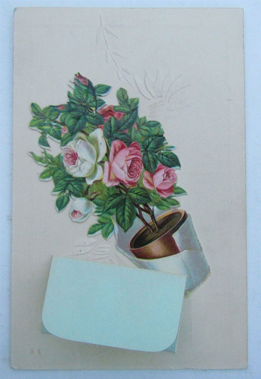 APPLIQUED FLOWERS & ENVELOPE ANTIQUE GERMAN POSTCARD