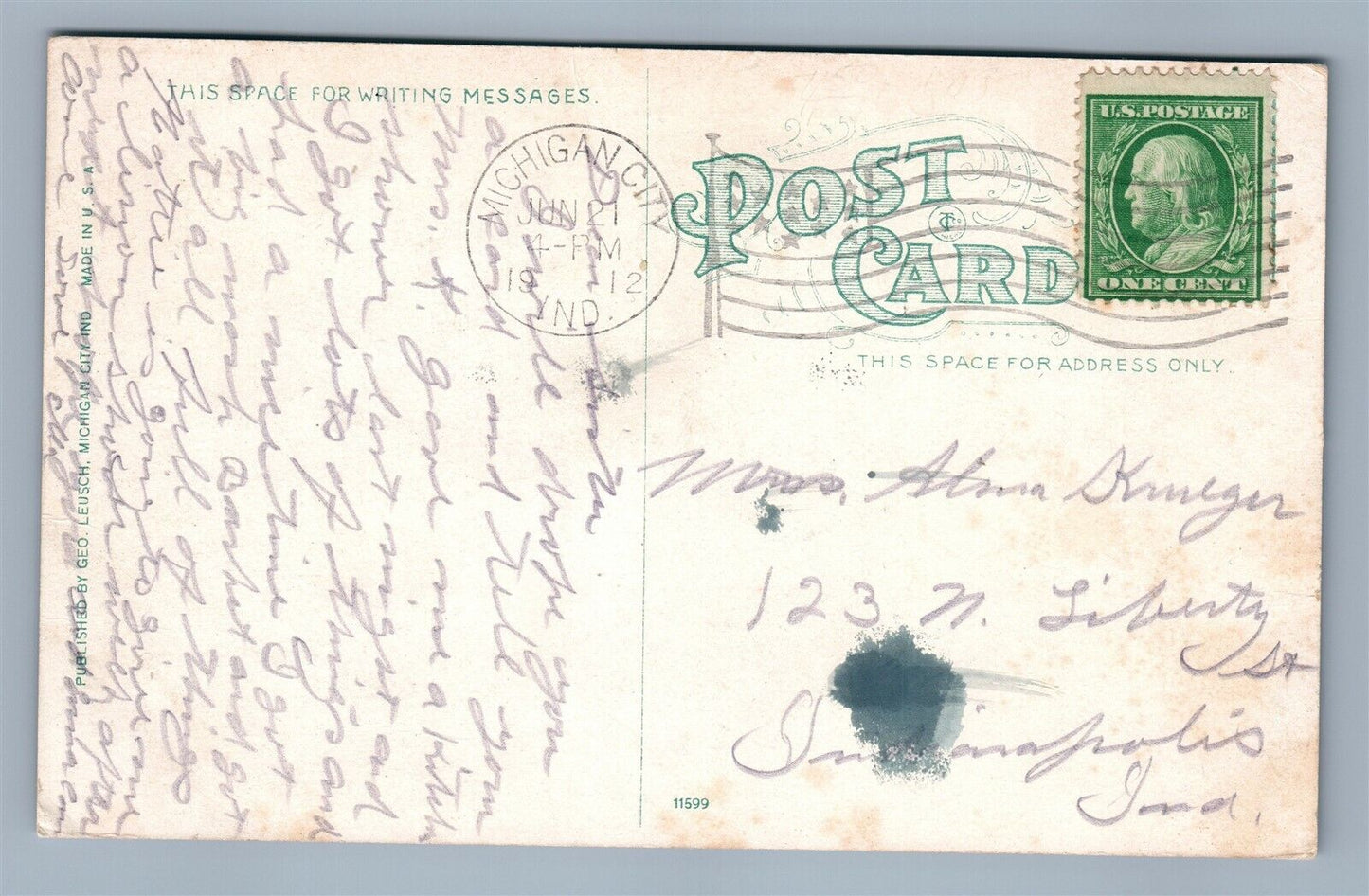 MICHIGAN CITY IND SPRING STREET ANTIQUE POSTCARD