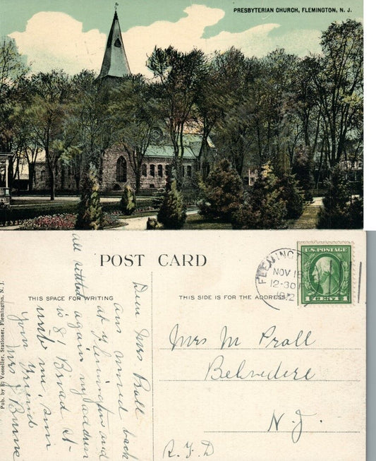 FLEMINGTON N.J. PRESBYTERIAN CHURCH 1912 ANTIQUE POSTCARD