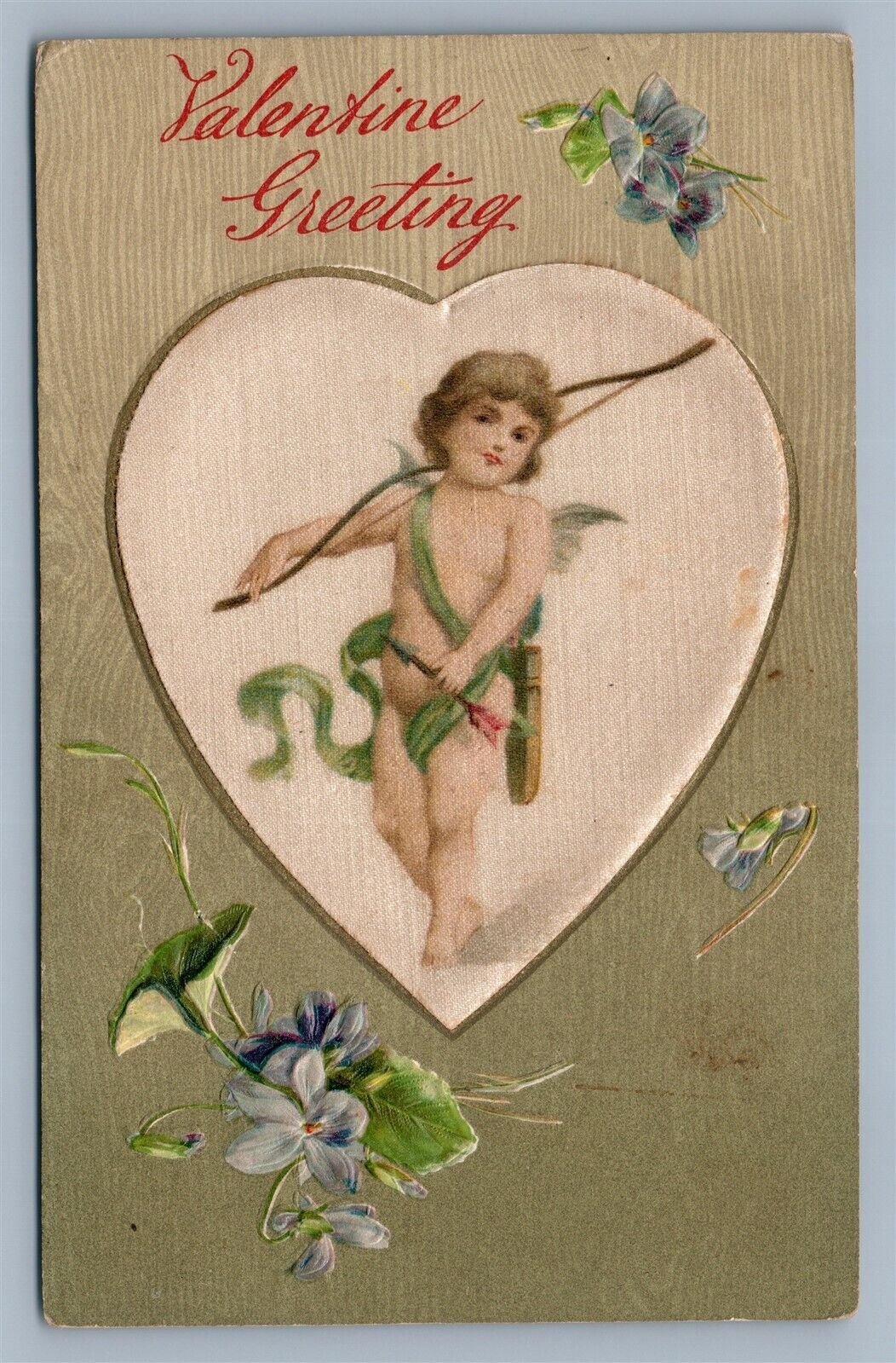 VALENTINE EMBOSSED ANTIQUE POSTCARD CUPID w/ BOW PRINTED ON SILK