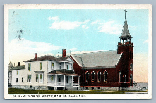 ST. IGNACE MI ST.IGNATIUS CHURCH ANTIQUE POSTCARD w/ CORK CANCEL