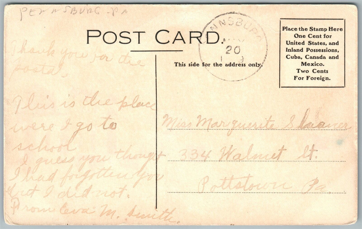 PENNSBURG PA 1909 ANTIQUE POSTCARD