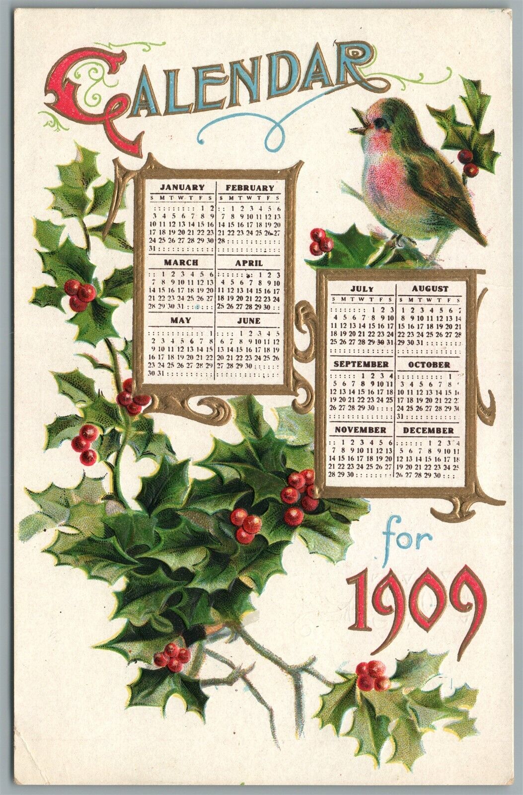 NEW YEAR 1909 CALENDAR ANTIQUE POSTCARD