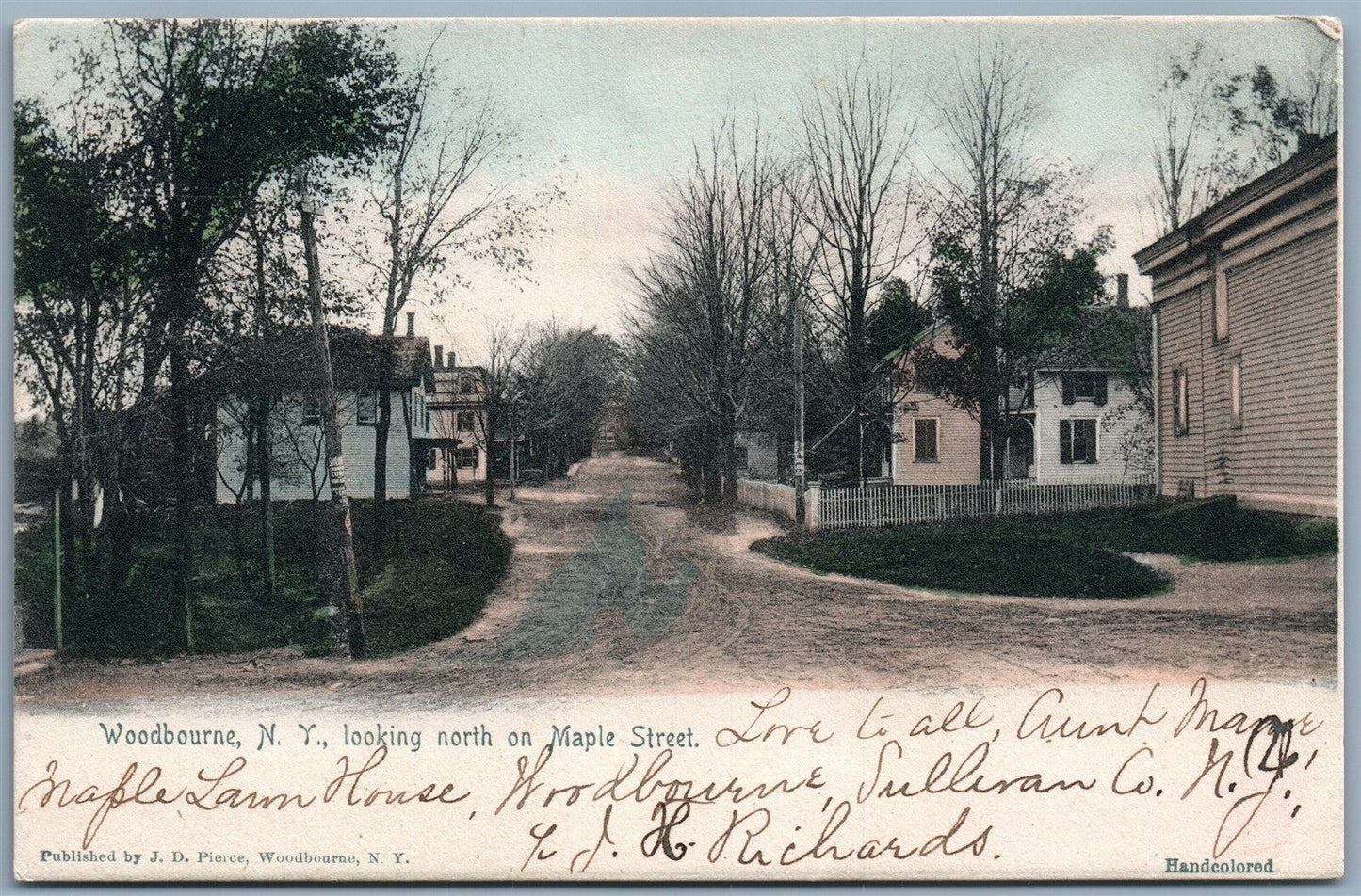 WOODBOURNE NY MAPLE STREET UNDIVIDED 1905 ANTIQUE POSTCARD w/ CORK CANCEL