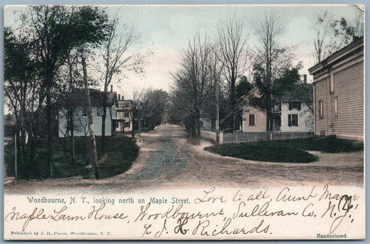 WOODBOURNE NY MAPLE STREET UNDIVIDED 1905 ANTIQUE POSTCARD w/ CORK CANCEL