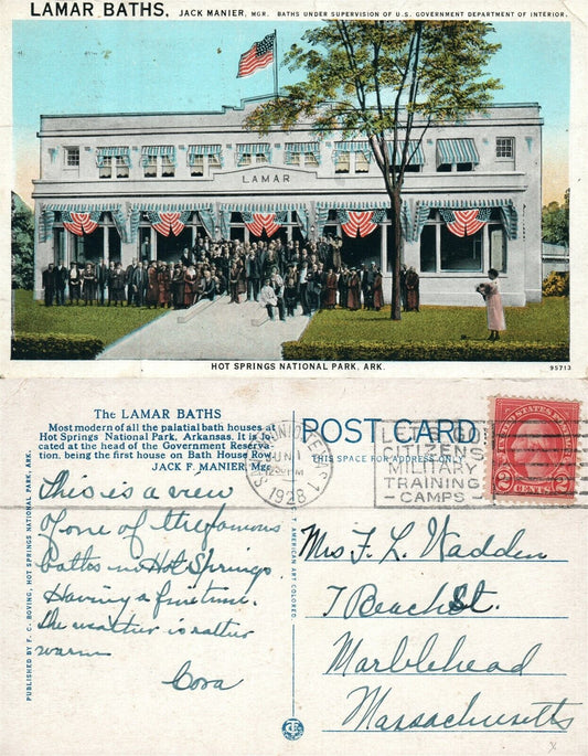 HOT SPRINGS NATIONAL PARK ARK. LAMAR BATHS AMERICAN FLAG 1928 VINTAGE POSTCARD