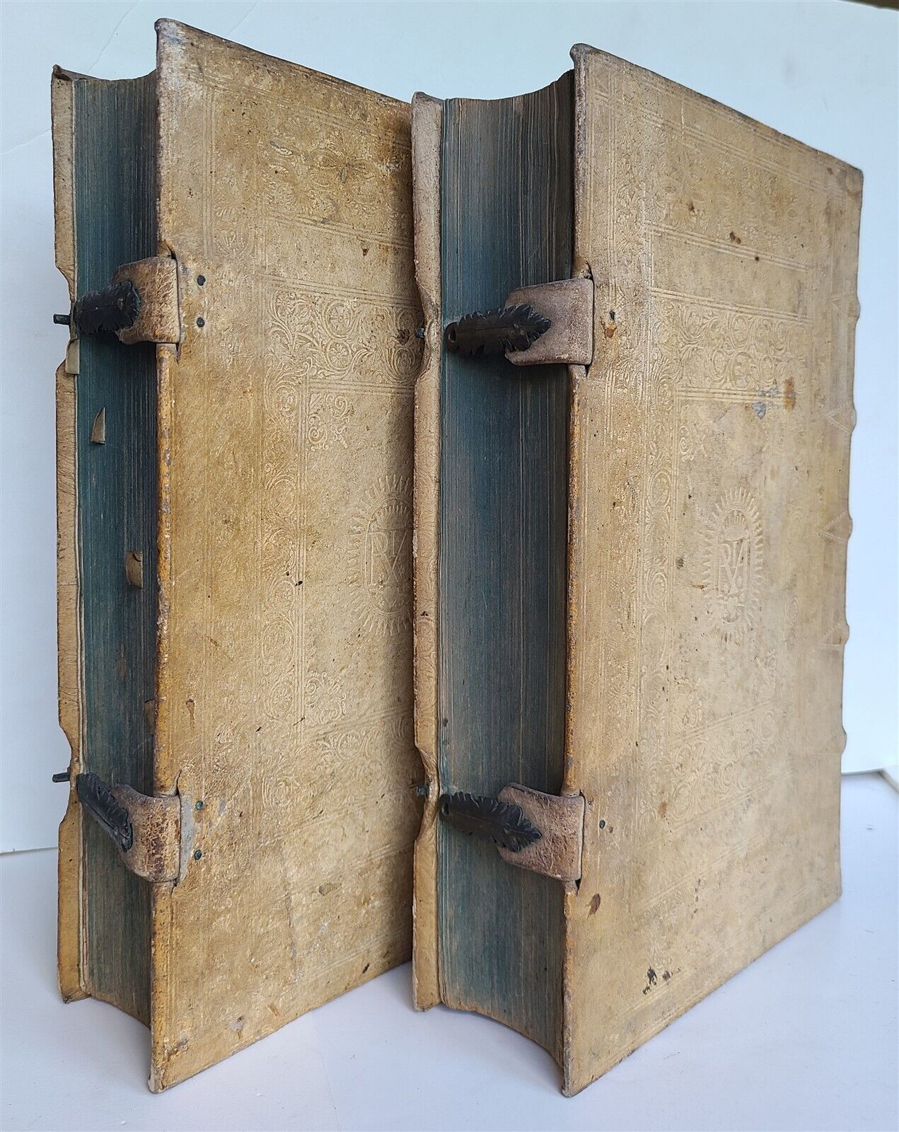 1753 - 1756 2 VOLUMES PIGSKIN BOUND FOLIOS w/ CLASPS antique SERMONS by SEEAUER