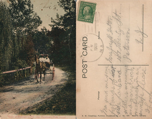 DARETOWN N.J. ROAD AT BALLINGER'S MILL 1909 ANTIQUE POSTCARD