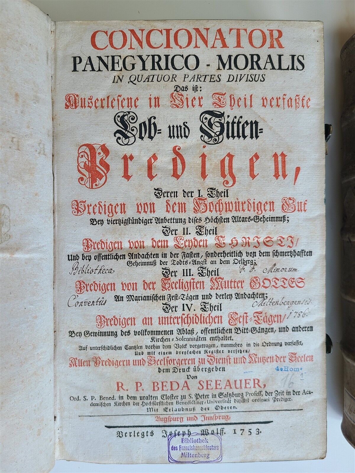 1753 - 1756 2 VOLUMES PIGSKIN BOUND FOLIOS w/ CLASPS antique SERMONS by SEEAUER