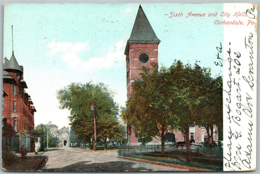 CARBONDALE PA SIXTH AVENUE & CITY HALL 1907 UNDIVIDED ANTIQUE POSTCARD
