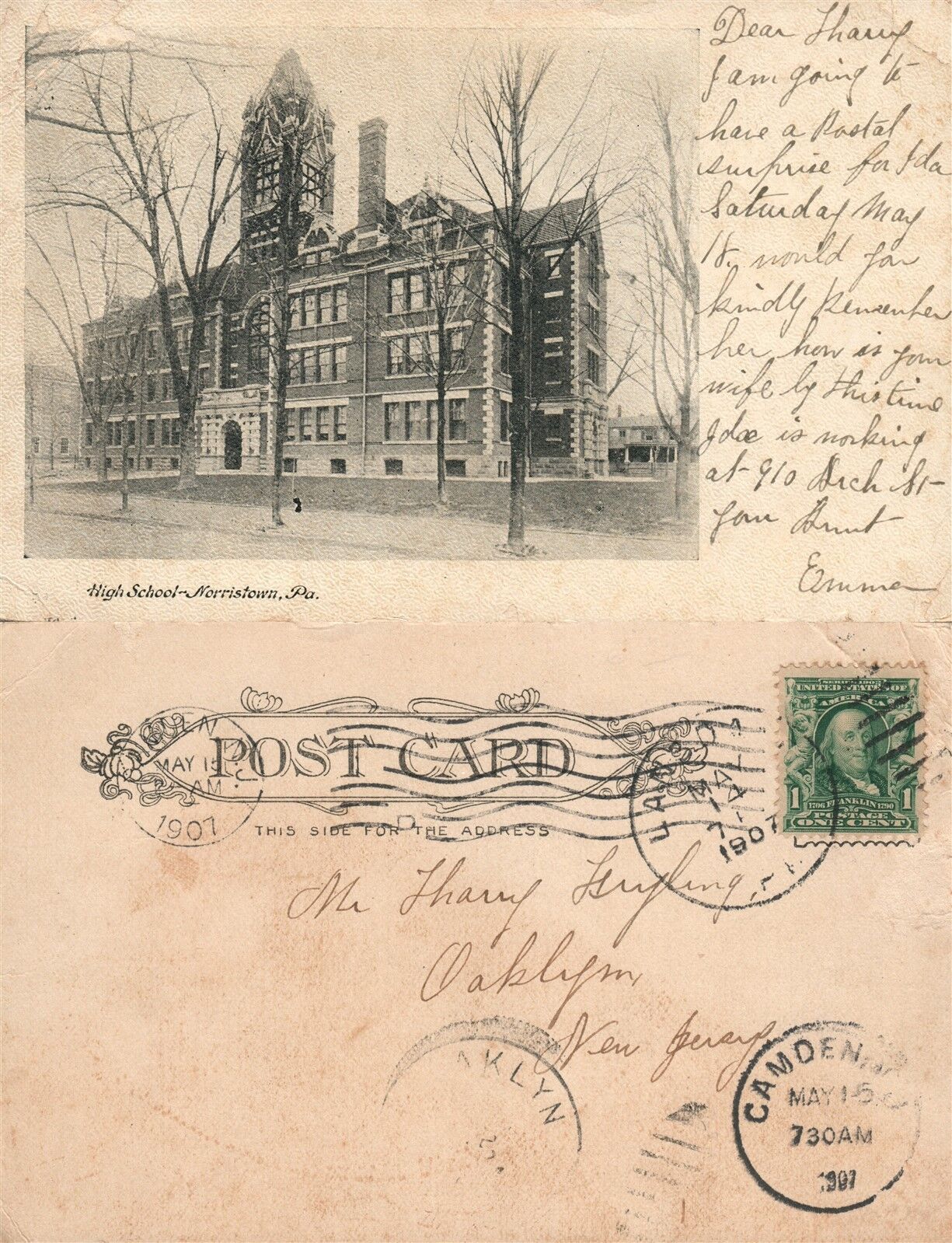 NORRISTOWN PA HIGH SCHOOL 1907 UNDIVIDED ANTIQUE POSTCARD