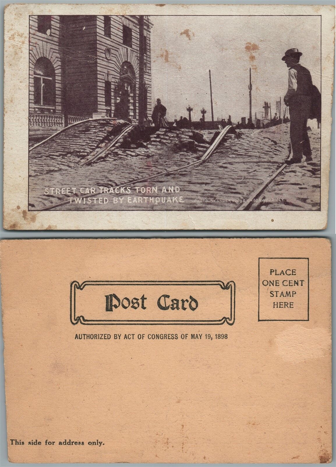 NEW YORK EARTHQUAKE STREET CAR RAILWAY TRACKS TWISTED ANTIQUE UNDIVIDED POSTCARD