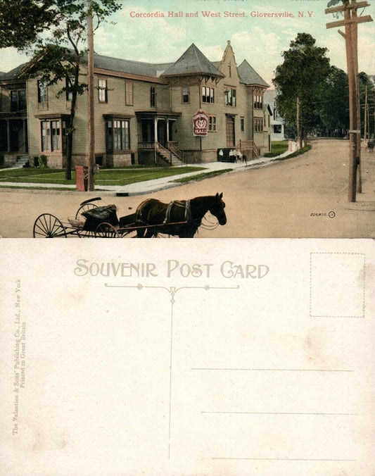 GLOVERSVILLE N.Y. CORCORDIA HALL & WEST STREET ANTIQUE POSTCARD