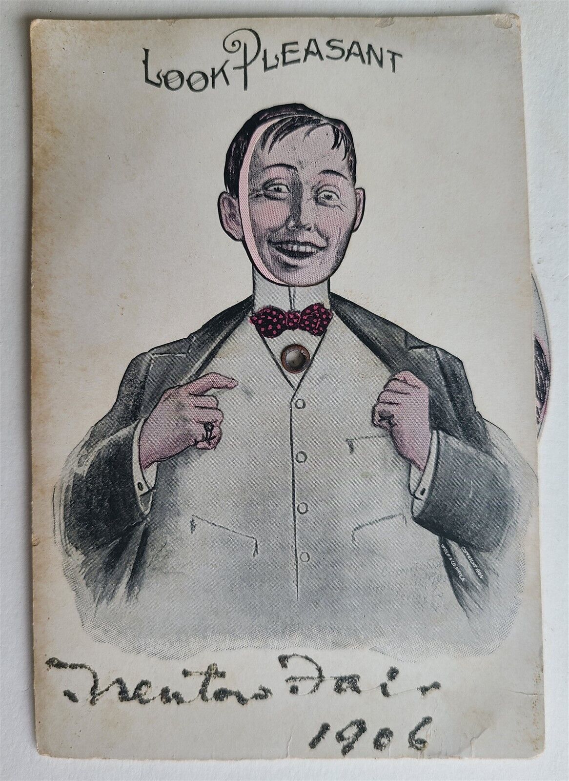 MAN w/ SPINNING CHANGING FACES ANTIQUE POSTCARD 1906