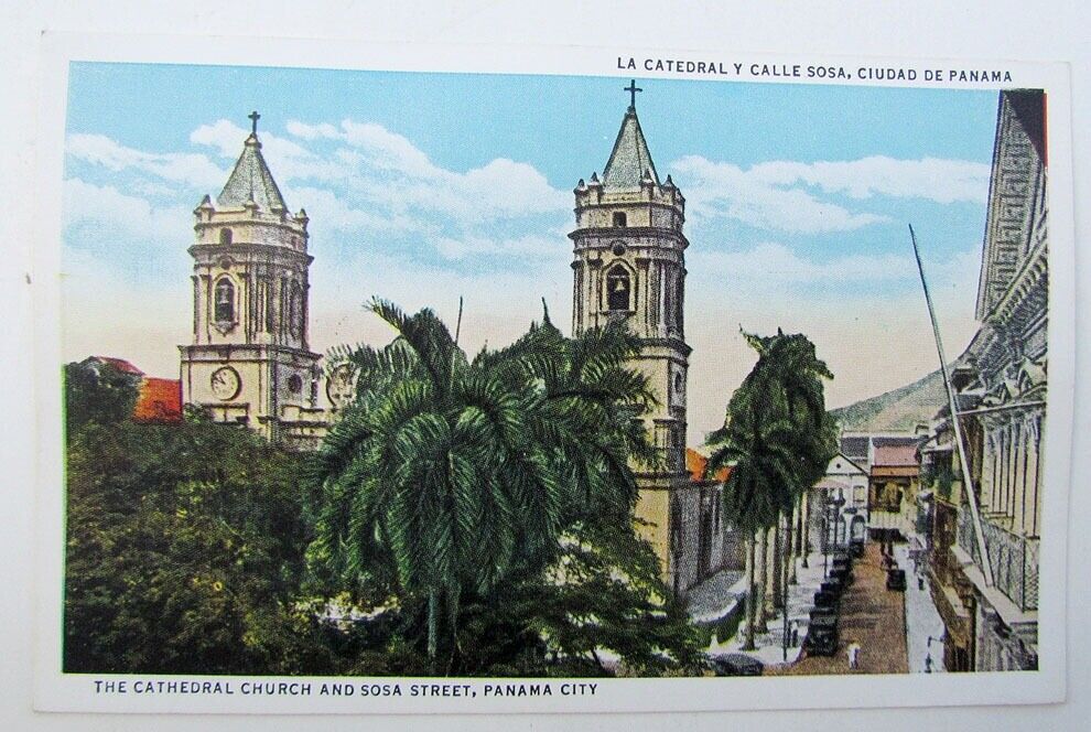 VINTAGE POSTCARD - THE CATHEDRAL CHURCH & SOSA STREET PANAMA CITY street scene