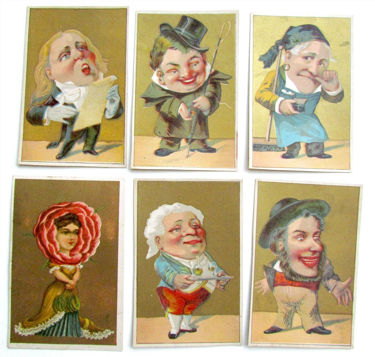 6 CHARACTERS ANTIQUE VICTORIAN TRADE CARDS