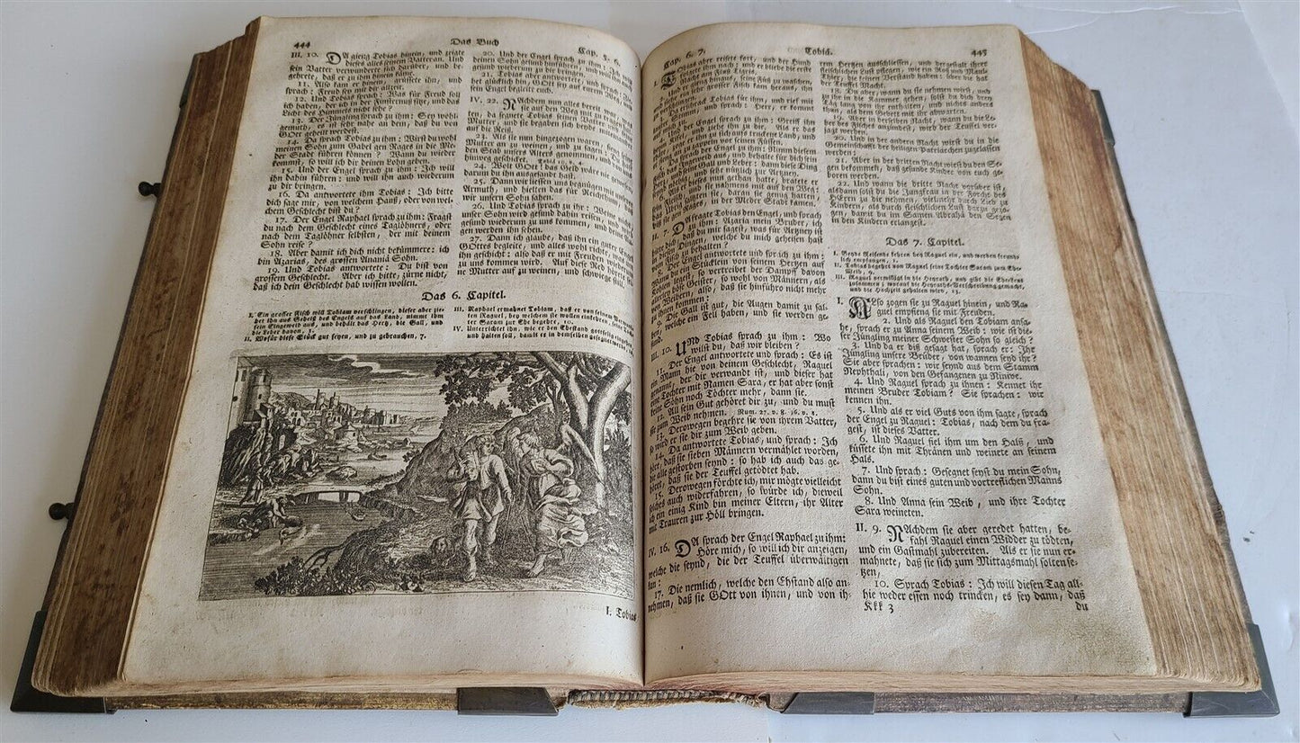 1763 BIBLE ILLUSTRATED IMPRESSIVE PIGSKIN FOLIO AMAZING BRONZE FITTINGS antique