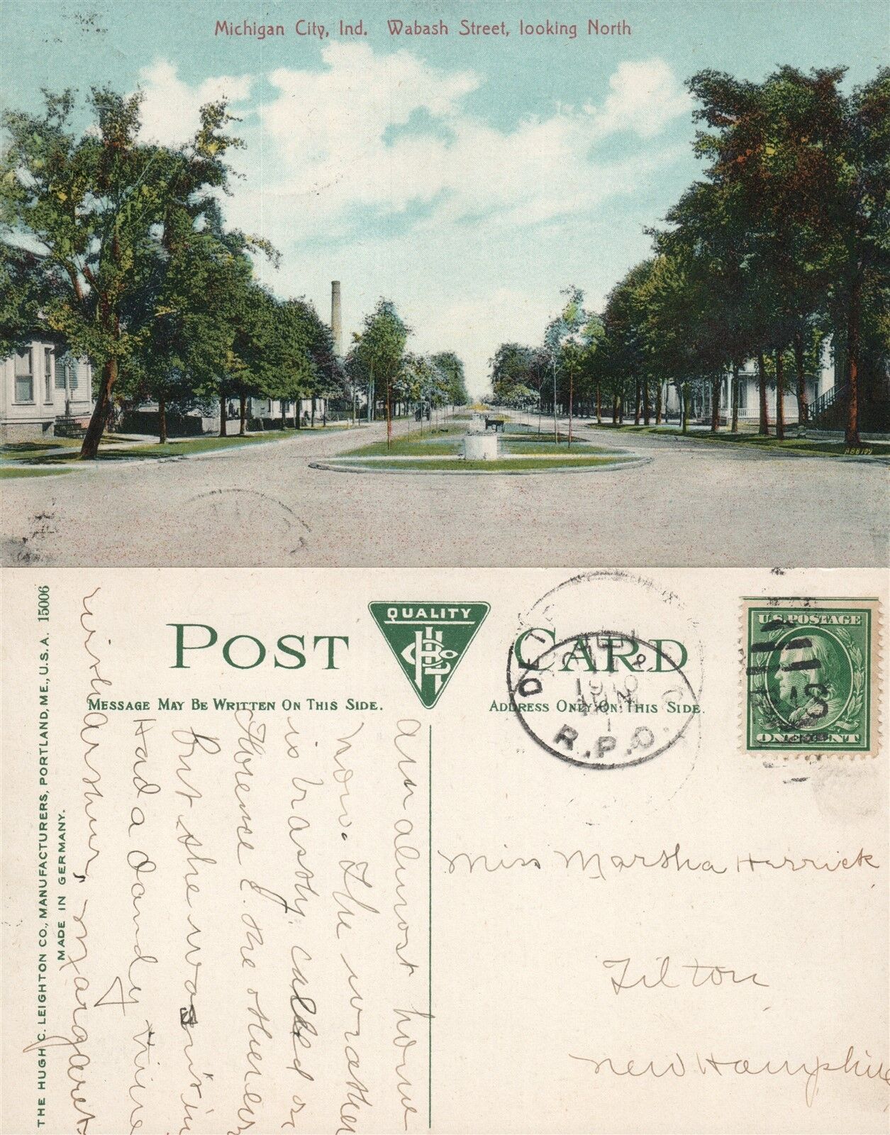 MICHIGAN CITY IN WABASH STREET 1910 ANTIQUE POSTCARD CORK CANCEL