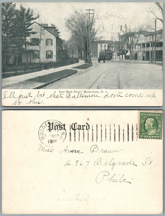 MOORERSTOWN N.J. EAST MAIN STREET 1911 UNDIVIDED ANTIQUE POSTCARD