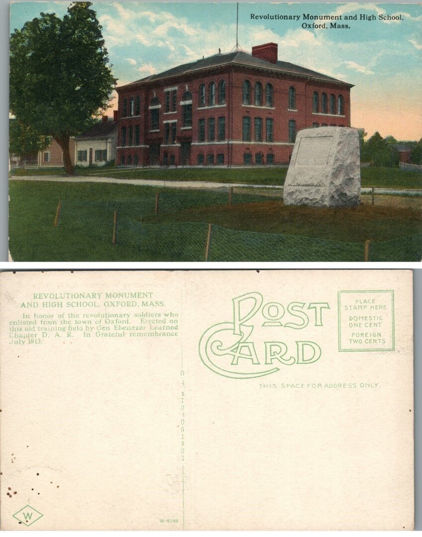 REVOLUTIONARY MONUMENT & HIGH SCHOOL OXFORD MA ANTIQUE POSTCARD