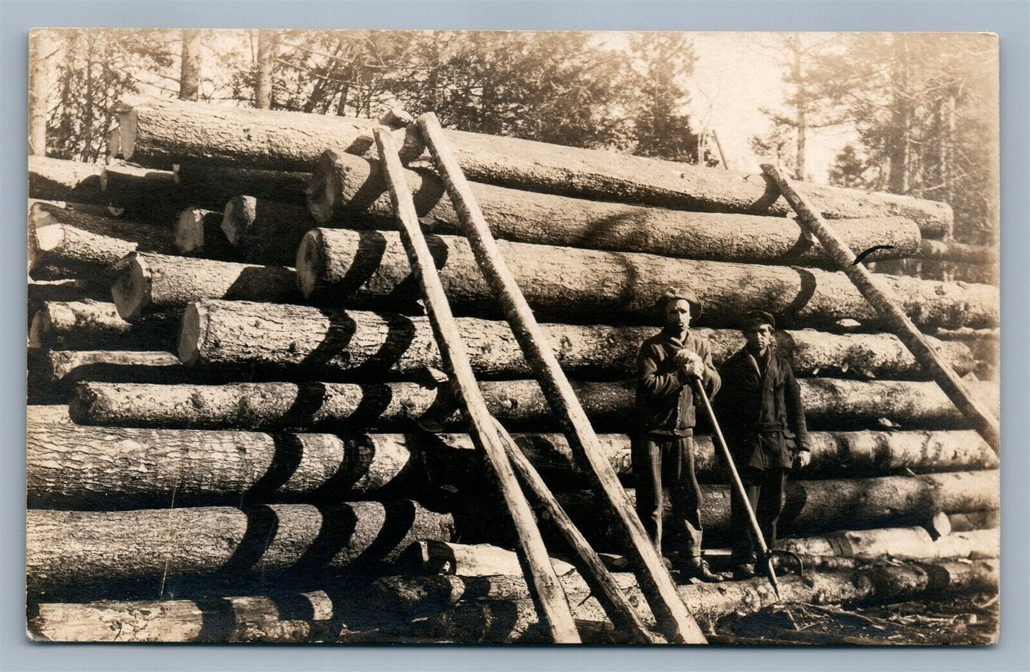 LUMBERJACKS WORKERS w/ WOODEN LOGS ANTIQUE REAL PHOTO POSTCARD RPPC